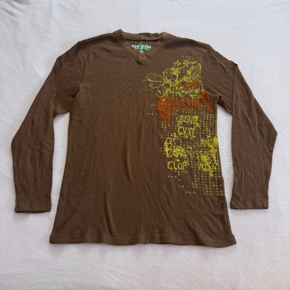 Tool Jeans Waffle Knit Shirt Mens L Brown Graphic V-Neck Long Sleeve Thermal